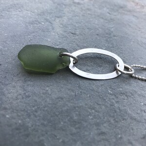 Peridot Green Sea Glass Necklace with Sterling Silver Oval Piece and Beaded Chain image 2