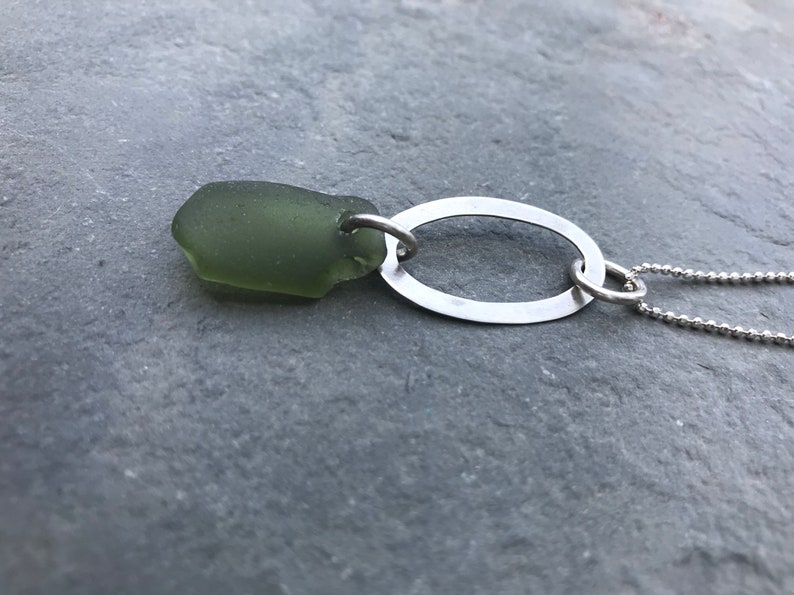 Peridot Green Sea Glass Necklace with Sterling Silver Oval Piece and Beaded Chain image 2