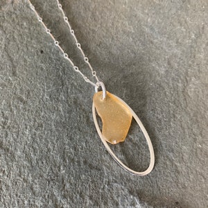 Honey Sea Glass Necklace with Sterling Silver Link Chain and Oval Charm image 6