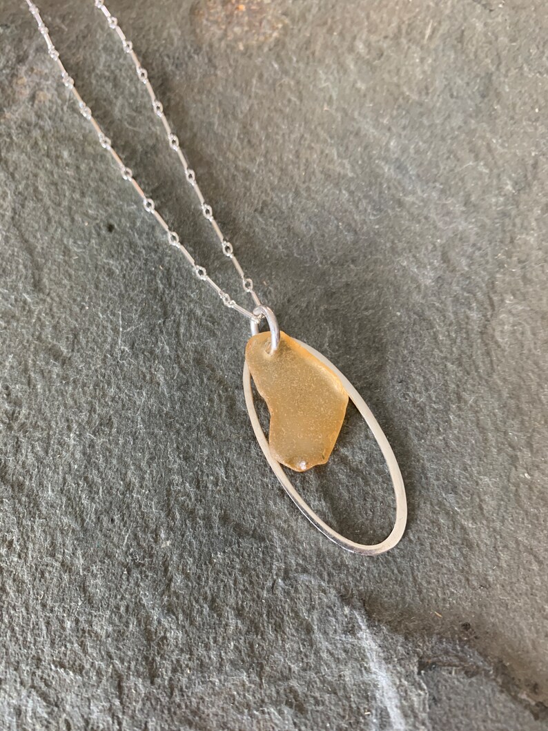 Honey Sea Glass Necklace with Sterling Silver Link Chain and Oval Charm image 6