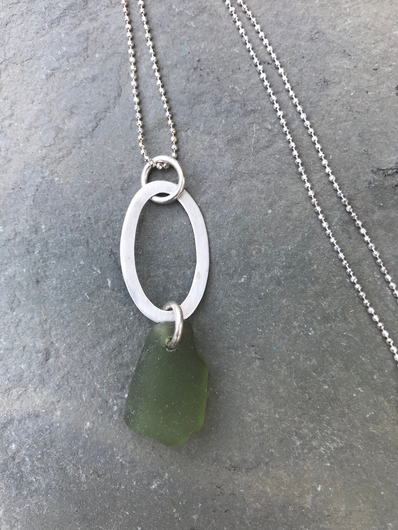 Peridot Green Sea Glass Necklace with Sterling Silver Oval Piece and Beaded Chain image 1