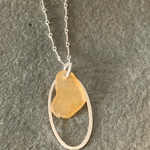 Honey Sea Glass Necklace with Sterling Silver Link Chain and Oval Charm image 4