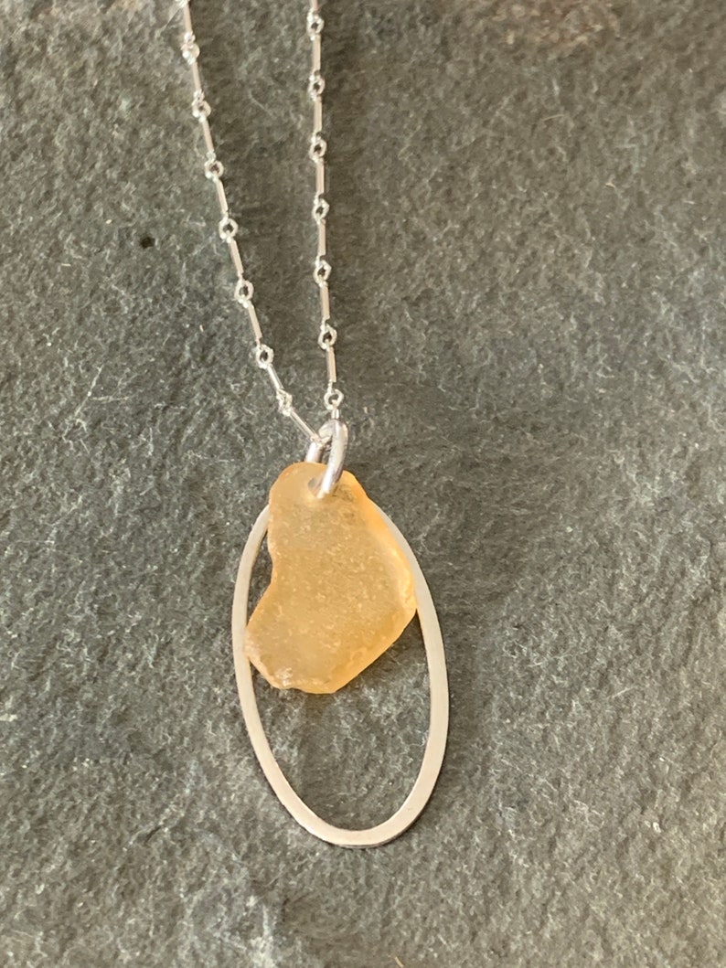 Honey Sea Glass Necklace with Sterling Silver Link Chain and Oval Charm image 4