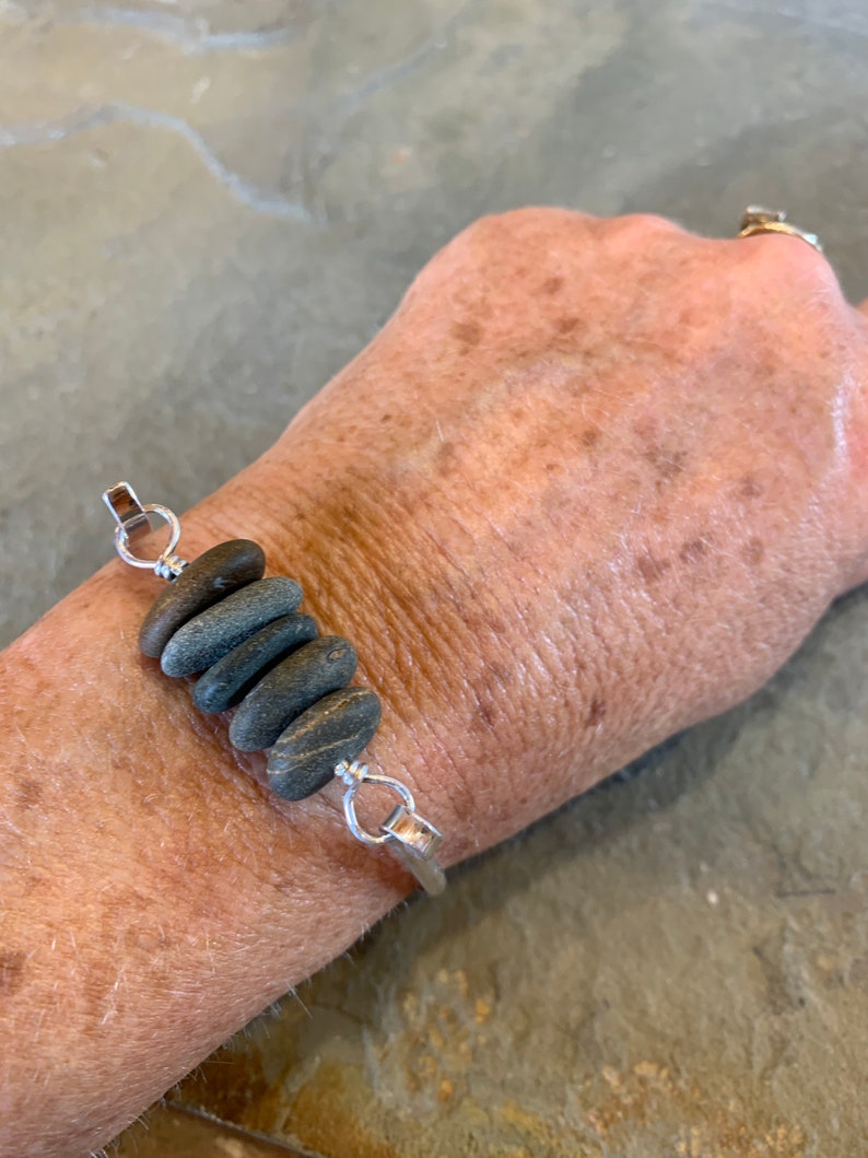 Beach Stone Bracelet, granite, basalt, drilled stone, pebble, river rock, cuff, multi-stone, sterling silver bracelet, summer, sea, ocean image 8