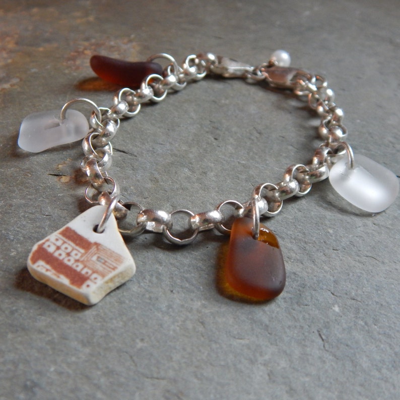 Brown and White Beach Pottery Shard Bracelet with Brown and White Sea Glass on Sterling Cable Chain and Freshwater Pearl, beach glass, china image 5