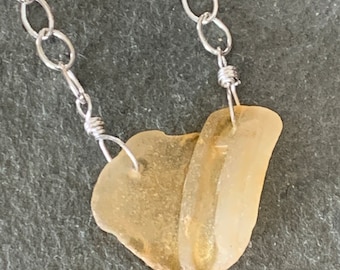 Honey Sea Glass Necklace with Sterling Silver Cable Chain