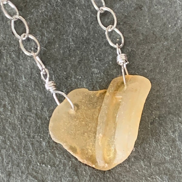 Honey Sea Glass Necklace with Sterling Silver Cable Chain