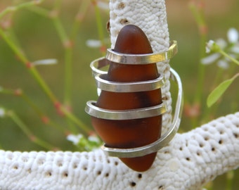 Sterling Silver Wrapped Brown Sea Glass Ring, Size 7