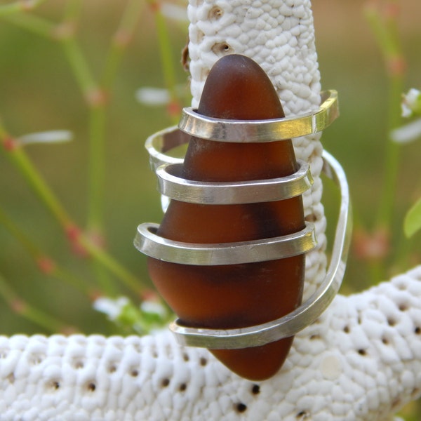 Sterling Silver Wrapped Brown Sea Glass Ring, Size 7