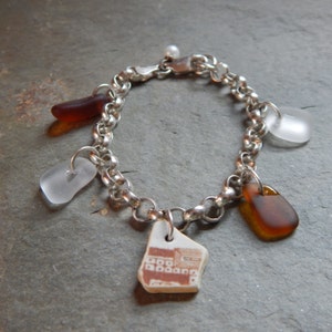 Brown and White Beach Pottery Shard Bracelet with Brown and White Sea Glass on Sterling Cable Chain and Freshwater Pearl, beach glass, china image 4