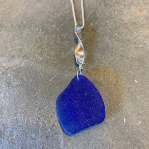 Cobalt Sea Glass with Sterling Silver Swirl Bail and Sterling Silver Box Chain image 1