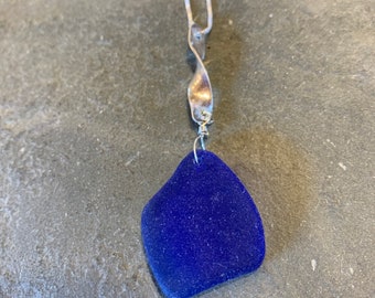 Cobalt Sea Glass with Sterling Silver Swirl Bail and Sterling Silver Box Chain