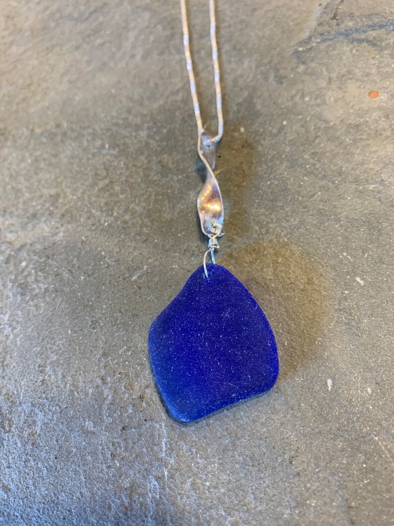 Cobalt Sea Glass with Sterling Silver Swirl Bail and Sterling Silver Box Chain image 1