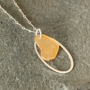 Honey Sea Glass Necklace with Sterling Silver Link Chain and Oval Charm image 3