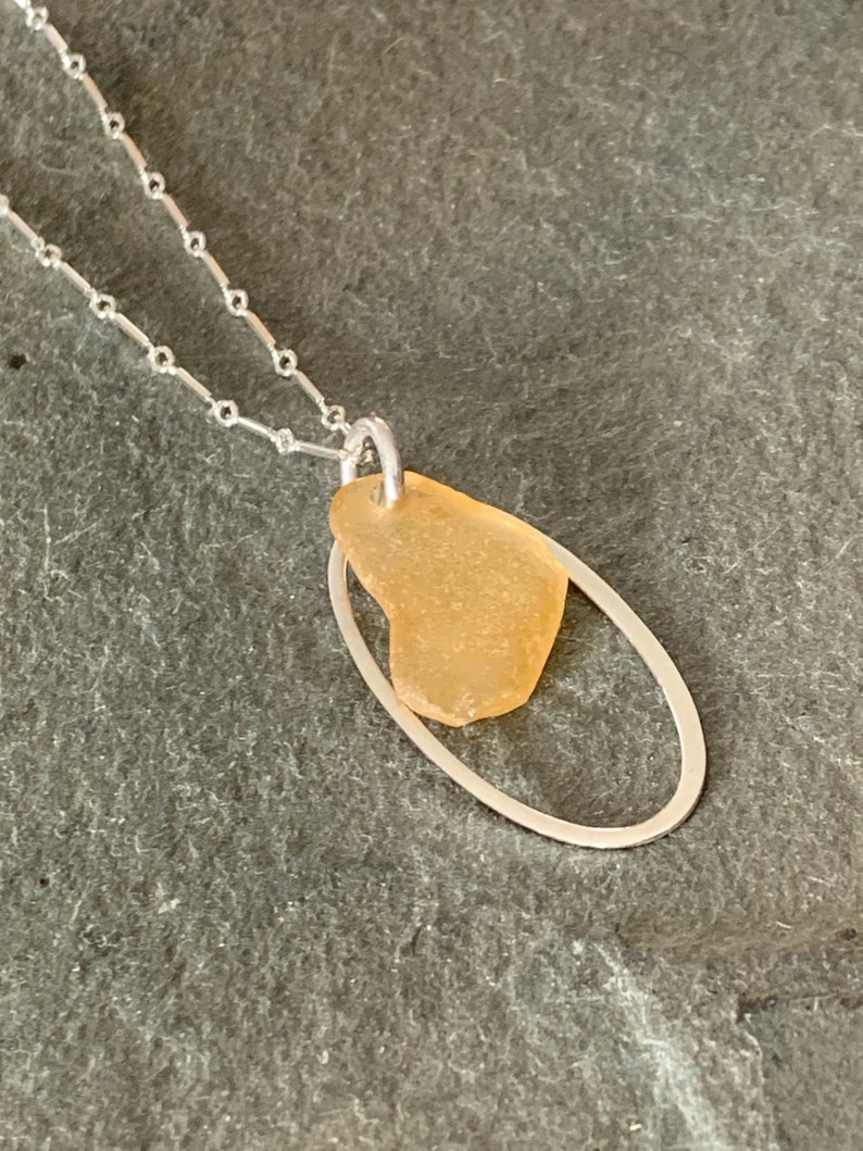 Honey Sea Glass Necklace with Sterling Silver Link Chain and Oval Charm image 3