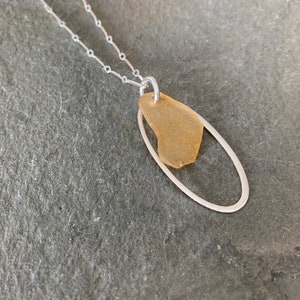 Honey Sea Glass Necklace with Sterling Silver Link Chain and Oval Charm image 8