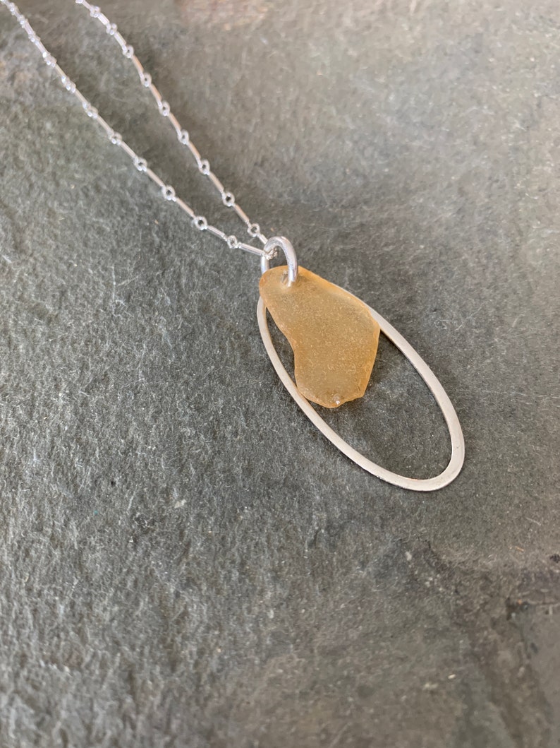 Honey Sea Glass Necklace with Sterling Silver Link Chain and Oval Charm image 8