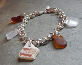 Brown and White Beach Pottery Shard Bracelet with Brown and White Sea Glass on Sterling Cable Chain and Freshwater Pearl, beach glass, china