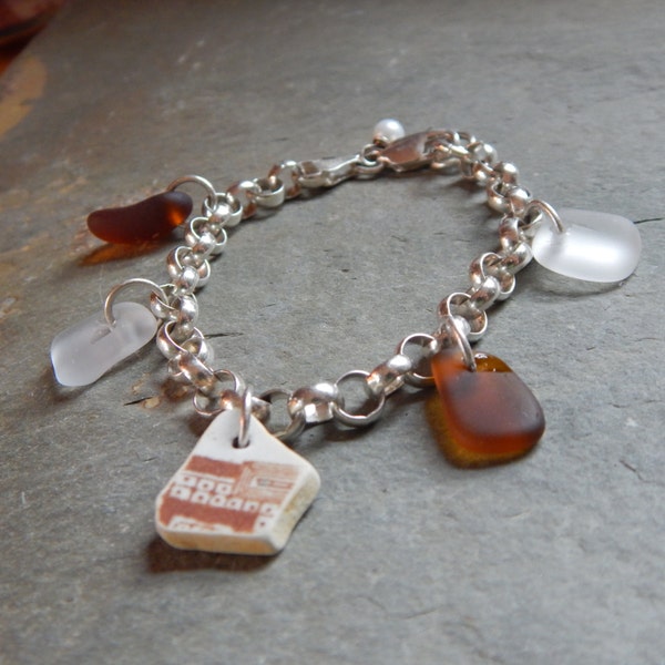 Brown and White Beach Pottery Shard Bracelet with Brown and White Sea Glass on Sterling Cable Chain and Freshwater Pearl, beach glass, china