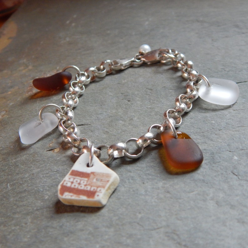 Brown and White Beach Pottery Shard Bracelet with Brown and White Sea Glass on Sterling Cable Chain and Freshwater Pearl, beach glass, china image 1