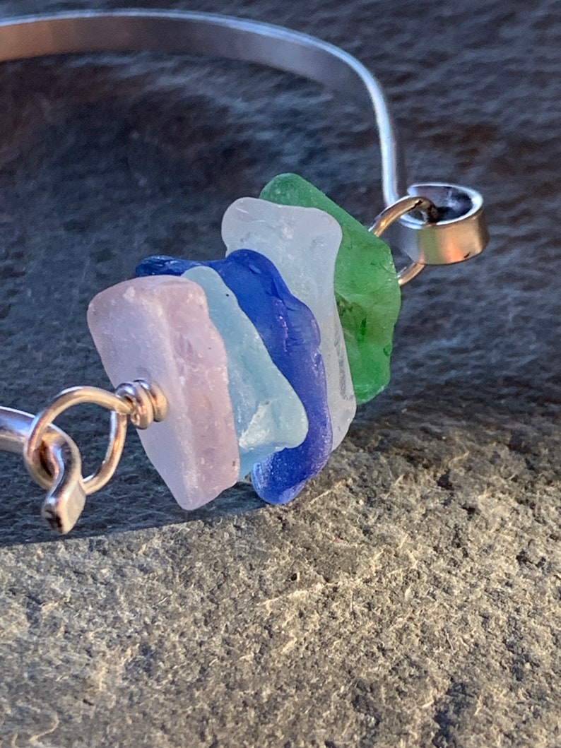 Sea Glass Bracelet with dark green, light green, cobalt, and pink sea glass image 3