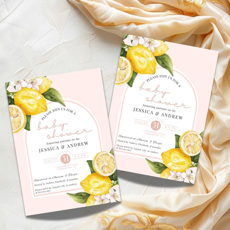May include: Two pink baby shower invitations with a lemon theme. The invitations feature watercolor illustrations of lemons, flowers, and leaves. The text on the invitations reads "Please join us for a baby shower honoring parents-to-be Jessica & Andrew, August 31, 4 p.m."