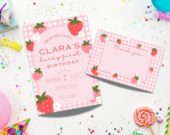 May include: Pink and white gingham birthday invitation with strawberries and flowers. The invitation says "Clara's Berry First Birthday" and includes the date and time of the party. A matching thank you card is also included.