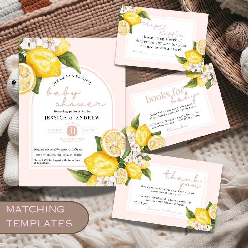 May include: A set of printable baby shower cards with a lemon theme. The cards include a baby shower invitation, a diaper raffle card, a books for baby card, and a thank you card. The cards feature a watercolor illustration of lemons, flowers, and greenery.