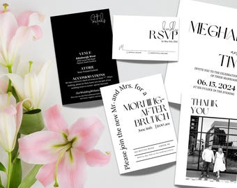 May include: Black and white wedding invitation suite with a modern design. The invitation features the names "Meghan and Tim" and the date "06.15.2024". The RSVP card has a handwritten "Kindly RSVP" and the details card has the venue, attire, and accommodations information. The brunch invitation card has the text "Please join the new Mr. and Mrs. for a Morning-After Brunch" and the date "June 16th | 11:00 am".