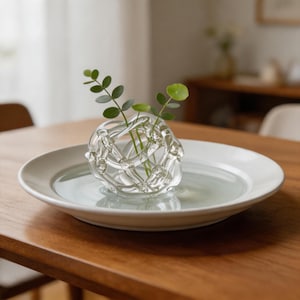 May include: A clear glass orb vase with a woven design, holding green leafy sprigs, sits on a white plate. The plate rests on a wooden table, creating a minimalist and natural aesthetic. The vase is a decorative home accent.