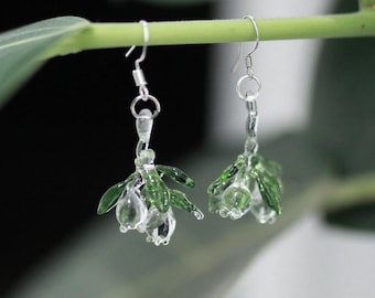 Glass Lily of the Valley Earrings, Handmade Lampwork Glass Art Flower Drop Earrings