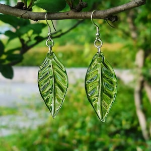 Glass Leaf Drop Earrings, Sterling Silver Ear Wires, Nature-Inspired Dangle Earrings, Spring Jewelry