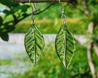 Glass Real Leaf Earrings, Sterling Silver Green Leaf Drop Earrings, Delicate Glass Art Dangle Earrings, Nature Plant Earring, Spring Jewelry