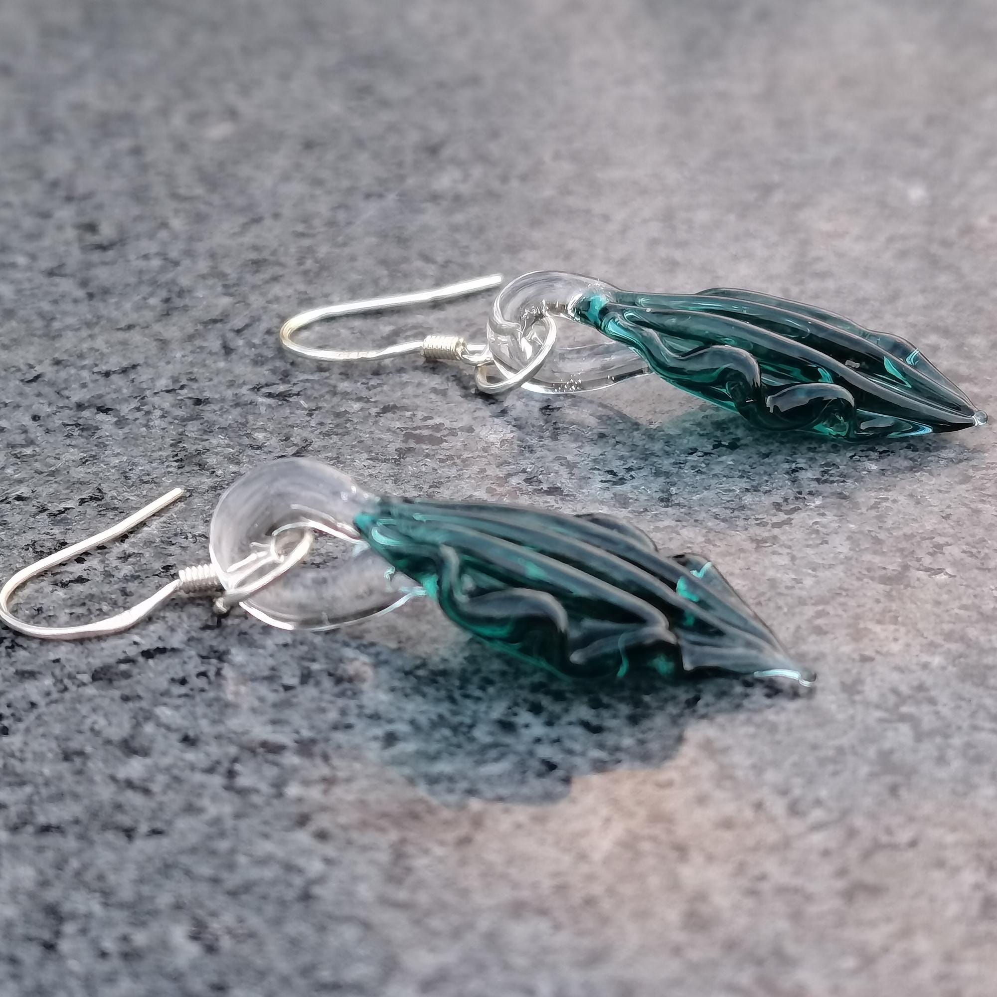 Glass Jade Leaf Earrings, Sterling Silver Deep Green Leaf Drop Earrings, Dainty Glass Art Dangle Earrings, Natural Plant Woodland Jewelry
