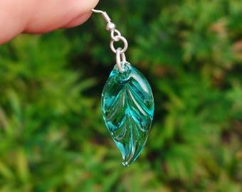 Glass Turquoise Leaf Earrings, Sterling Silver Teal Leaf Drop Earrings, Unique Glass Art Dangle Earrings, Woodland Earrings, Nature Jewelry