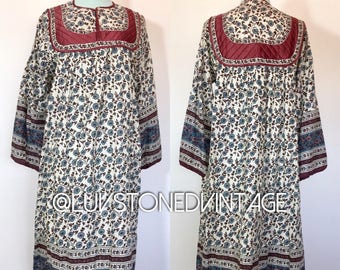 Vtg 80s Cotton Quilted Bib Boho Hippie Caftan Gypsy Kaftan Ethnic Festival Maxi Midi Tent Dress . D162 . ML . 1287.100617