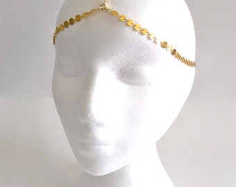 3 Strand Gold Plated Boho Bohemian Hippie Gypsy Coin Disc Chain Head Piece Dress Band . One Size .