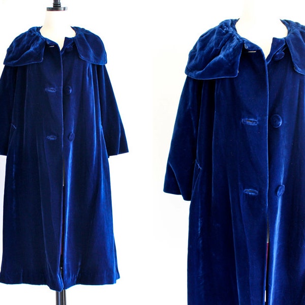 60s Union Label Blue Velvet Swing Opera Cape Mod Coat Maxi Dress Jacket . SM . hanger . No. 586.10.23.13