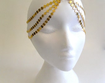 7 Strand Gold Plated Boho Bohemian Hippie Gypsy Coin Disc Chain Head Piece Dress Band . One Size .