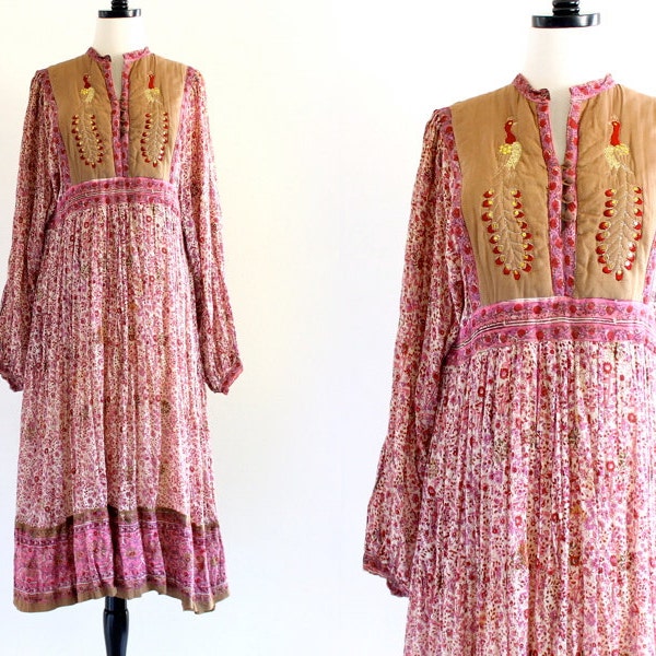 RESERVED. 70s Rare Vintage Papillon India Indian Peacock Boho Hippie Cotton Gauze Gypsy Festival Maxi Dress . XS . SM . No.446.7.17.13