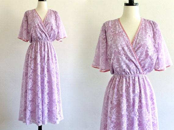 70s Halston III Purple Lace Overlay Flutter Bridesmaid Wedding - Main Image