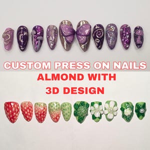 May include: Custom press-on almond shaped nails with 3D designs. The nails feature a variety of designs including butterflies, flowers, and strawberries.