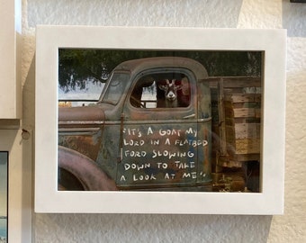 Goat art print, Goat in a truck farmhouse decor, Framed art print, Country home gift, Goat decor, Rustic home, Farm animal, Rustic truck