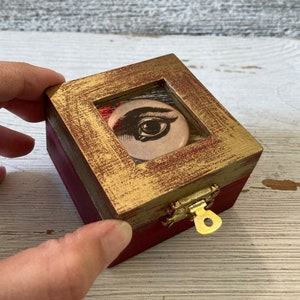 Evil Eye Ring Box, Engagement Ring Box with Eye Illustration, Hand Painted Wooden Box, Goth Wedding ring box, Ring bearer box, Mystery box image 1