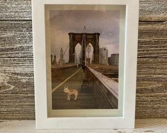 Brooklyn Bridge Art, Owl Art, Surreal Animal Art, New York Art "A Walk on the Brooklyn Bridge" framed 5x7 print,