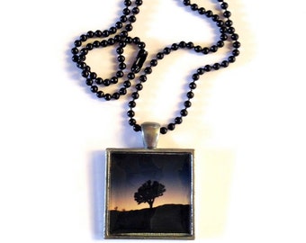 Joshua Tree California - Photo Pendant - Necklace - Blue Sunset - Black Ball Chain
