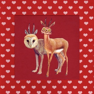 May include: A red background with a white heart pattern. A white owl with black eyes and a brown deer with white markings are in the center of the image. The animals are looking at each other.