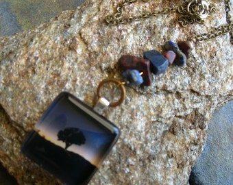 Joshua Tree Necklace,Glass Pendant and Natural Stones ,Joshua Tree in a Blue Sunset