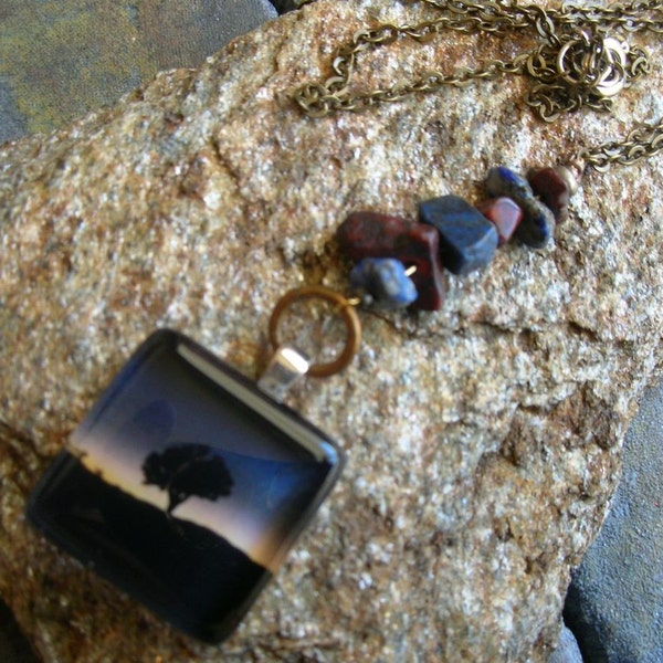 Joshua Tree Necklace,Glass Pendant and Natural Stones ,Joshua Tree in a Blue Sunset