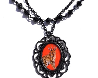 Leopard,Goth Necklace,Black and Orange, Leopard with horns image, Vintage Victorian Style Necklace,
